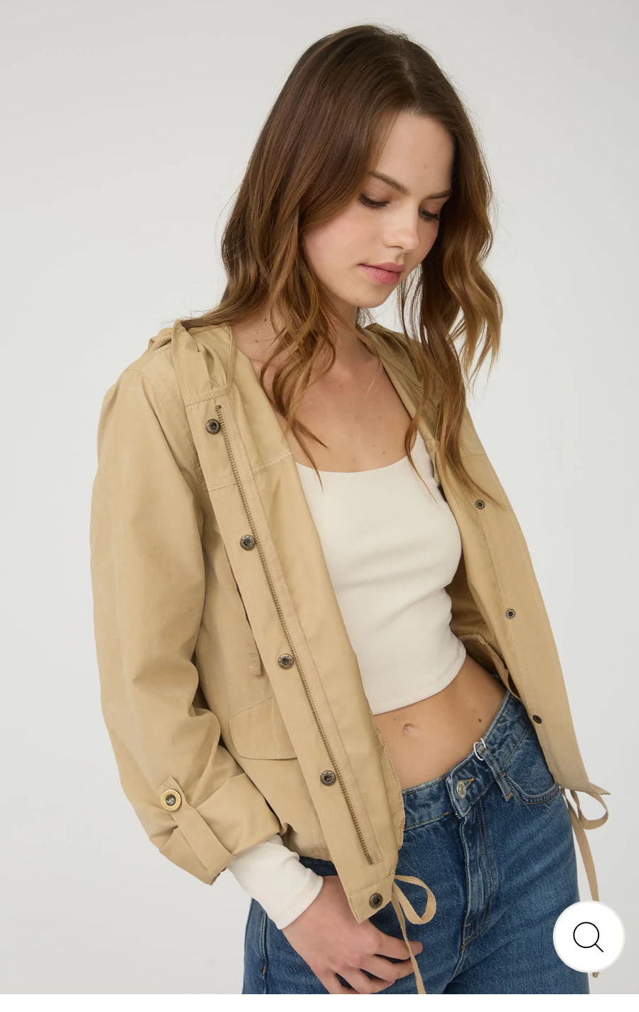 Snap Button Hooded Jacket in Camel