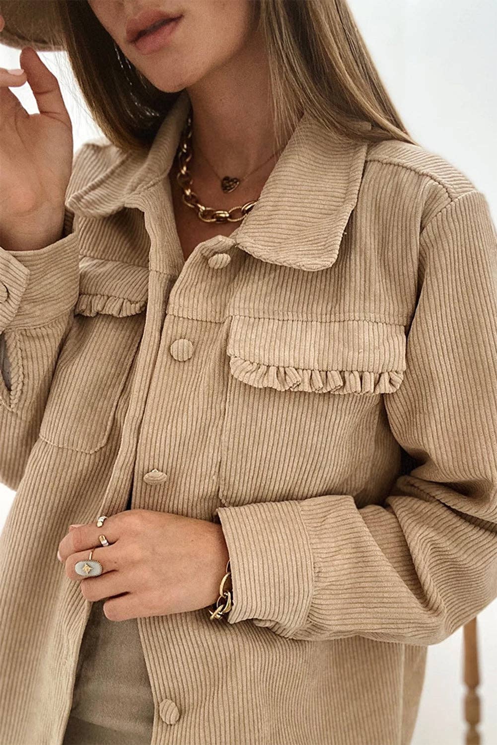 Frilled Flap Corduroy Shacket
