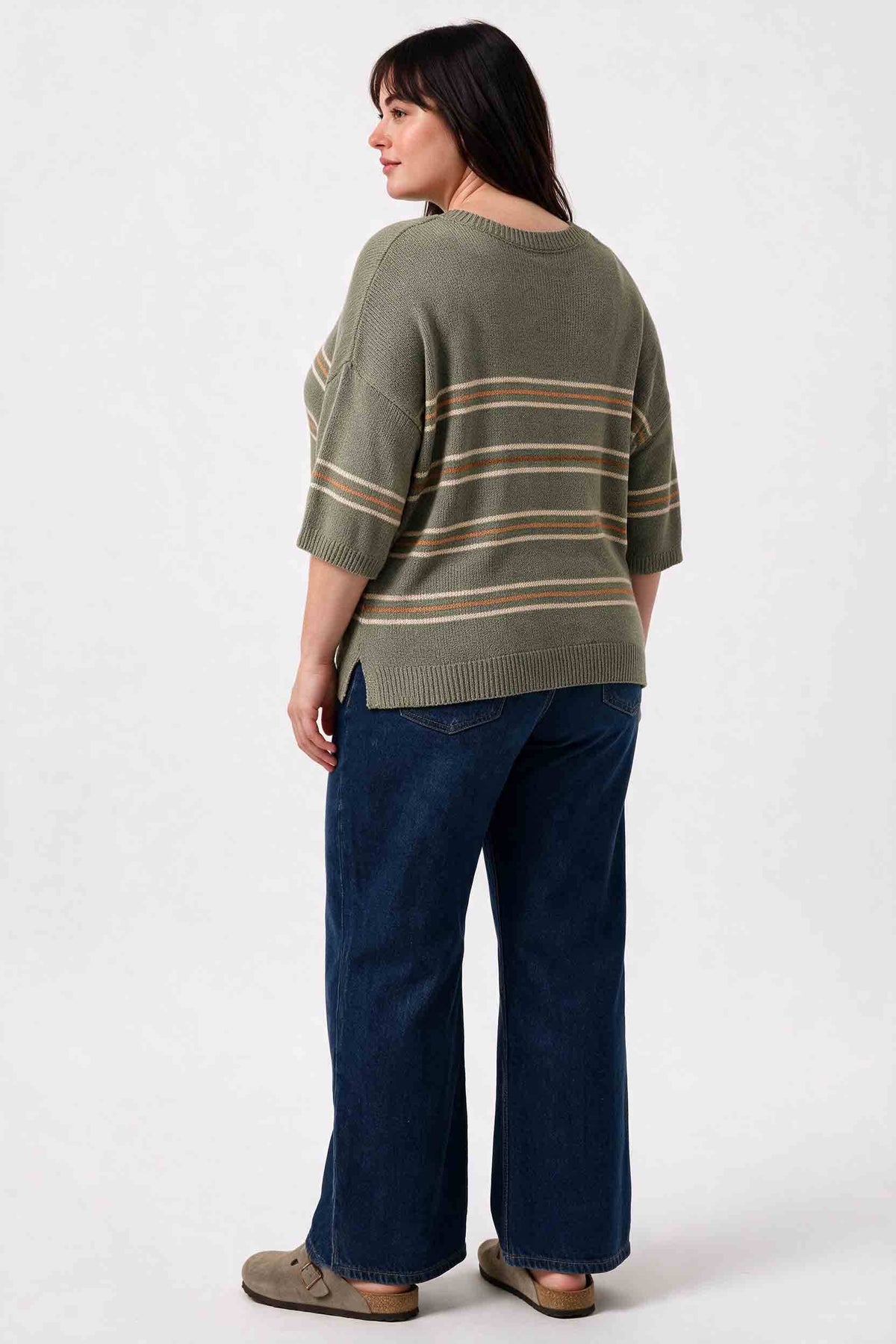 OVER SIZED DROP SHOULDER STRIPED SWEATER : SAGE