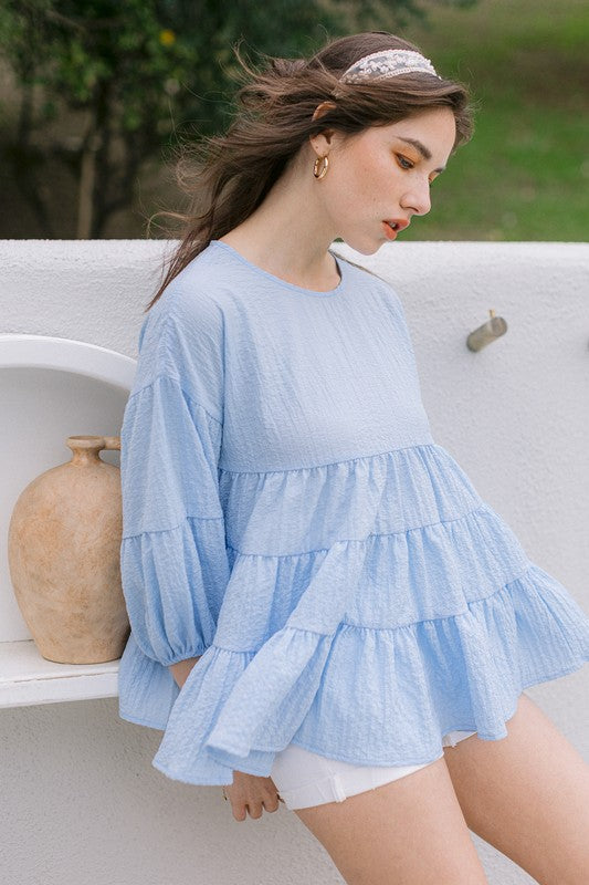 Tiered Textured 3/4 Sleeves Woven Top