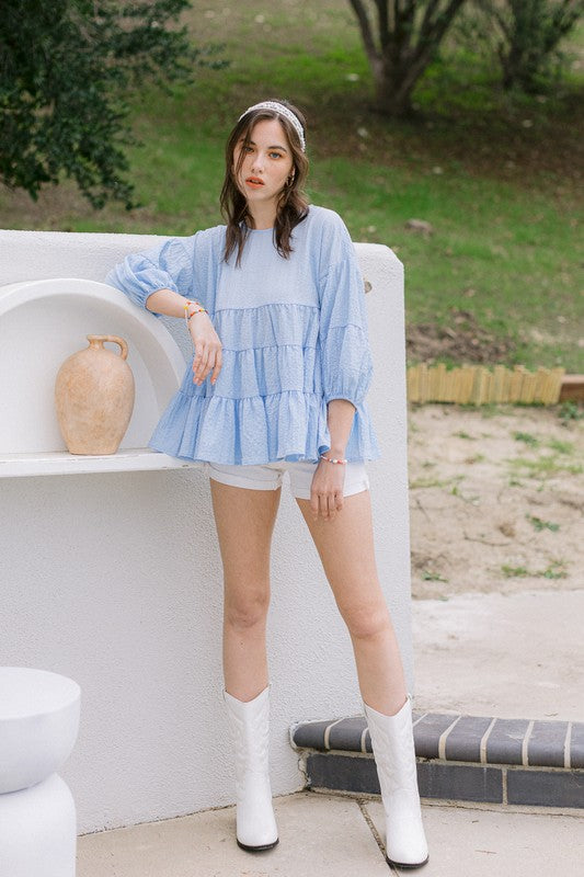 Tiered Textured 3/4 Sleeves Woven Top