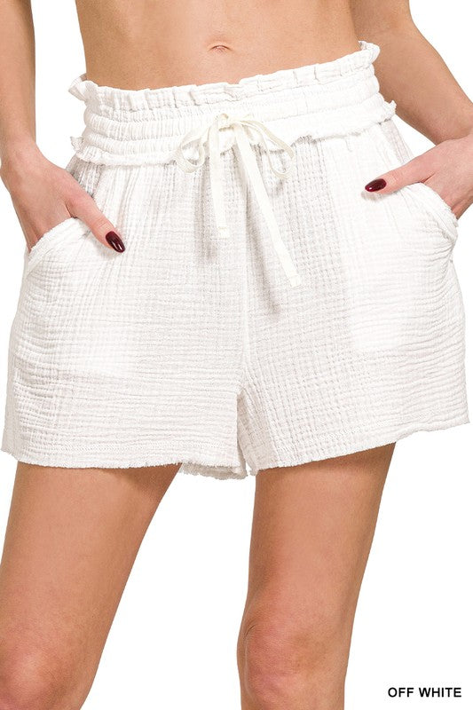 Gauze Elastic Band Drawstring Shorts