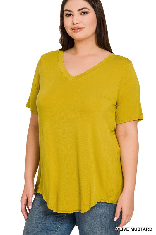 Plus Luxe Rayon Short Sleeve V-neck Hi-low Hem Top