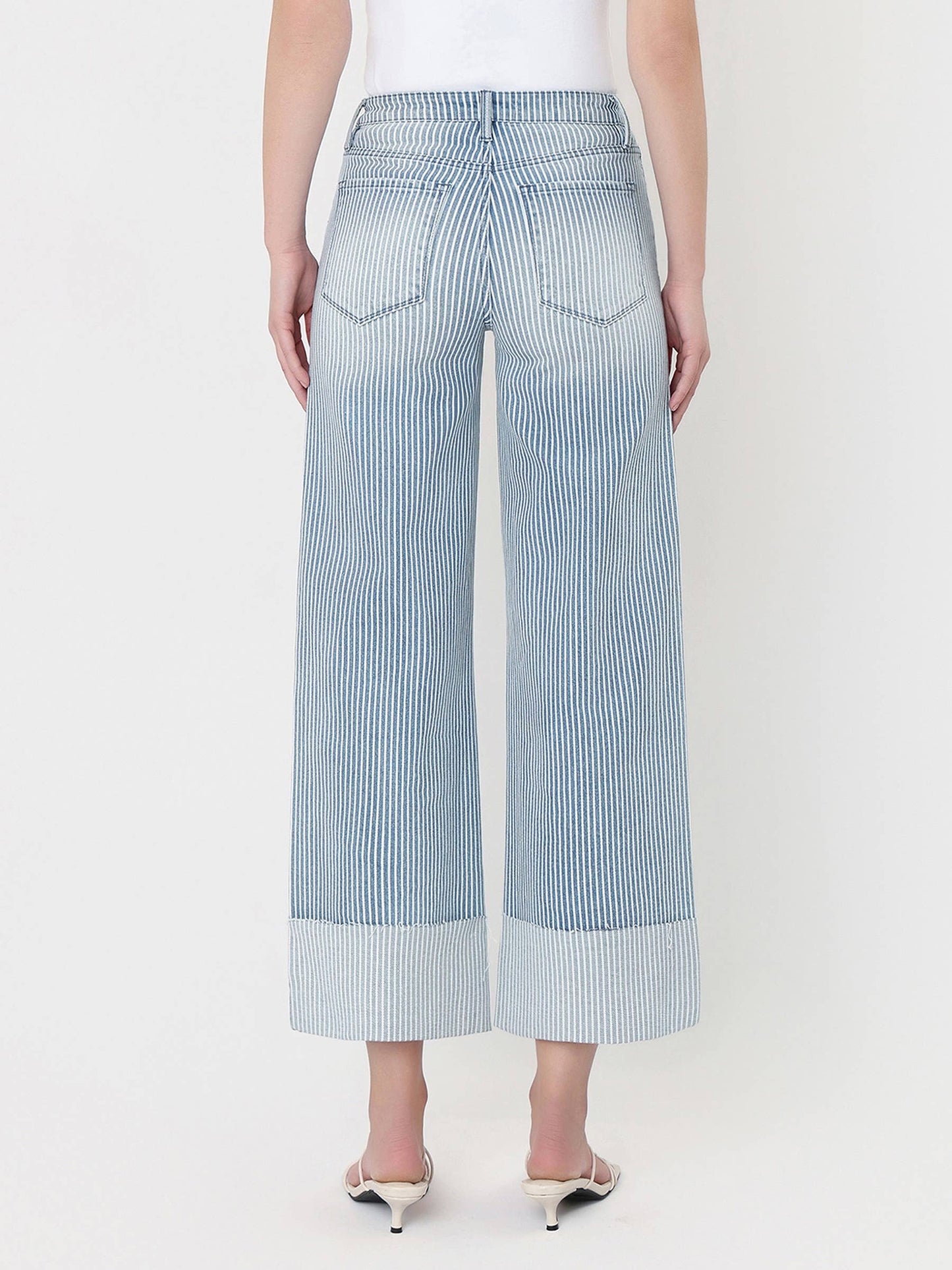 HIGH RISE CUFFED STRIPED CROP WIDE JEANS V3859STN: STRIPE
