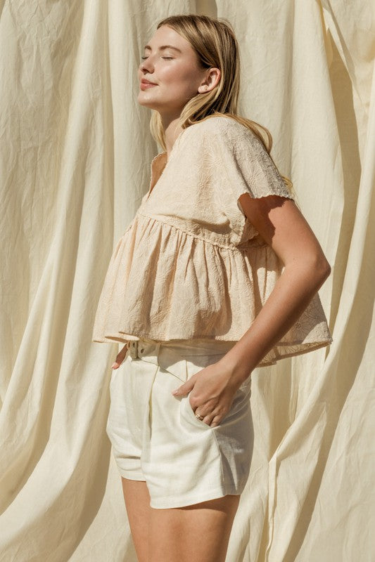 V Neck Wide Shoulder Ruffle Top
