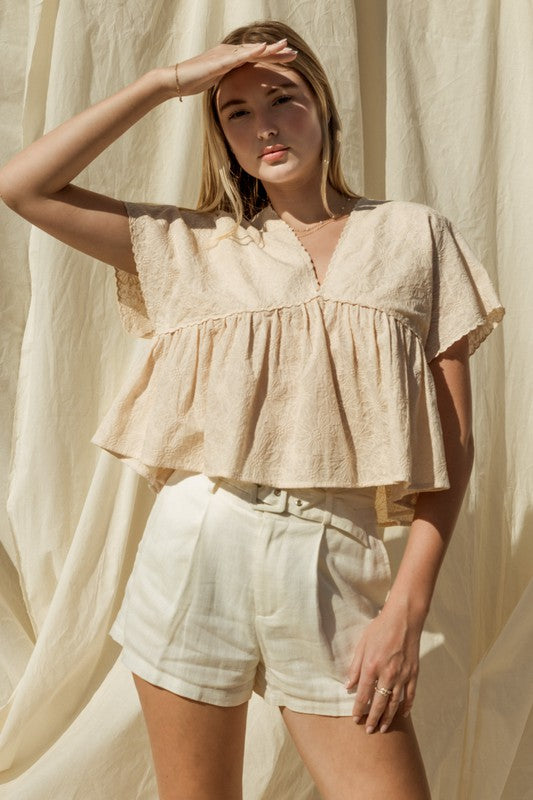 V Neck Wide Shoulder Ruffle Top
