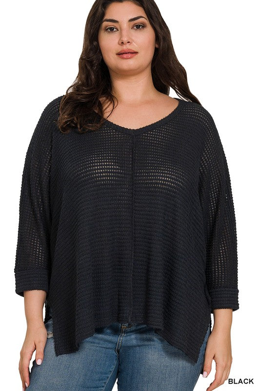 Plus 3/4 Sleeve V-neck Hi-low Hem Jacquard Sweater