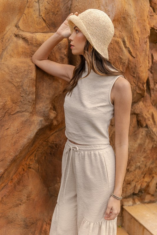 Texture Knit Mock Neck Crop Top And Pants Set
