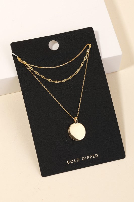 Gold Dipped Coin Charm Layered Chain Necklace