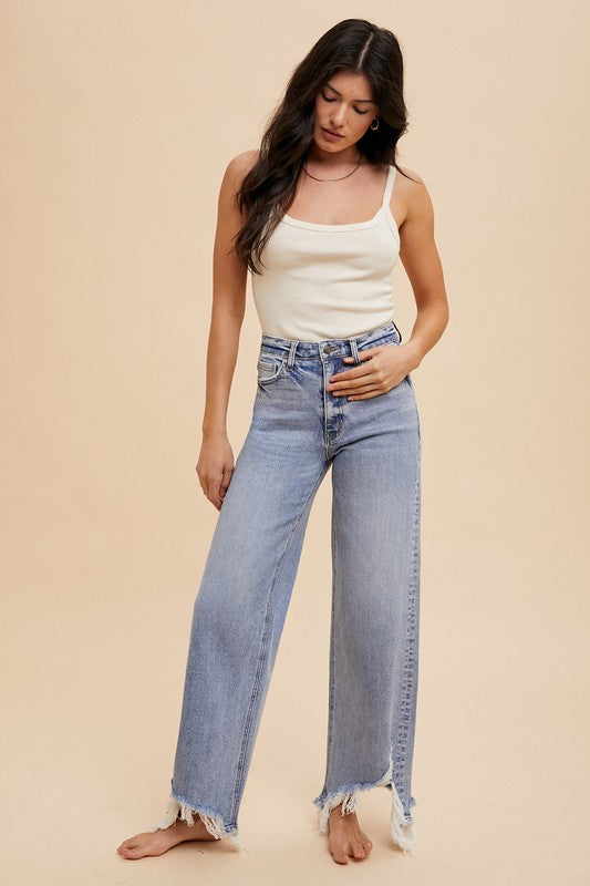 Asymmetrical Distressed Hem Straight Fit Jeans
