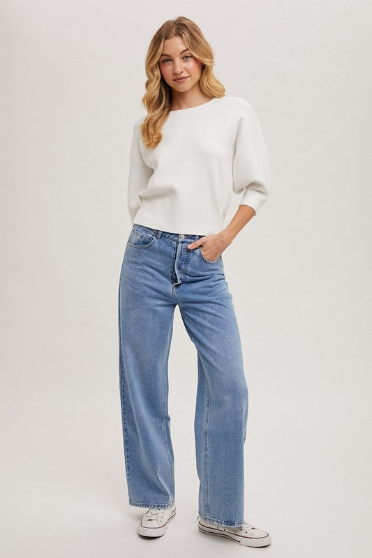 Puffed 3/4 Sleeved Knit Sweater Top