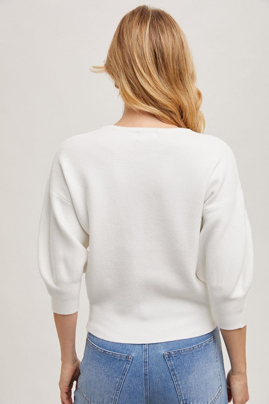 Puffed 3/4 Sleeved Knit Sweater Top