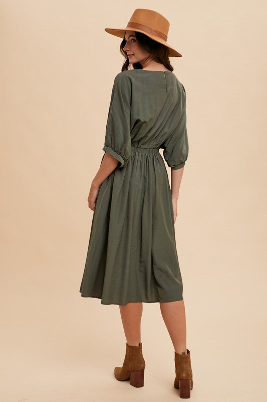 3/4 Volume Dolman Sleeve Loose Fit Midi Dress