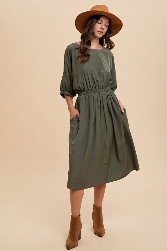 3/4 Volume Dolman Sleeve Loose Fit Midi Dress