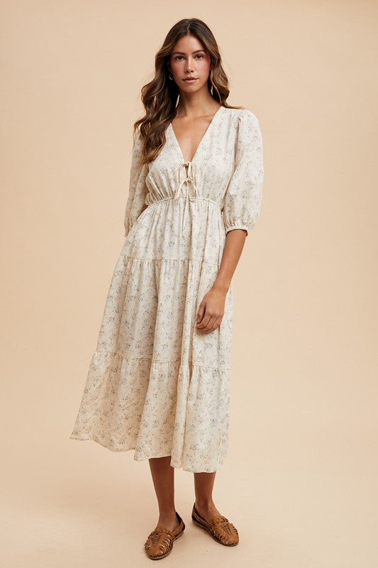 Flower Print V-neck Puff Sleeve Midi Dress