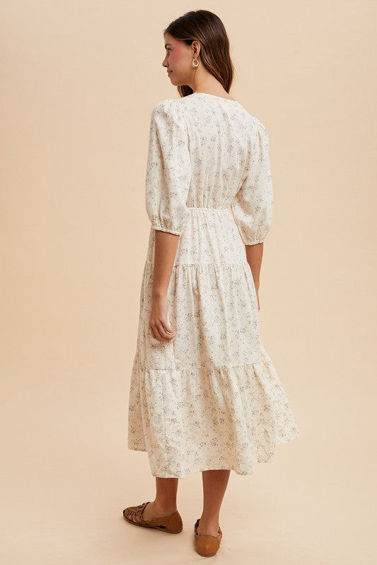 Flower Print V-neck Puff Sleeve Midi Dress