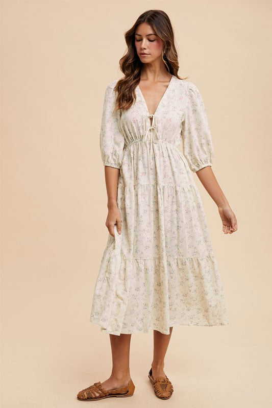 Flower Print V-neck Puff Sleeve Midi Dress