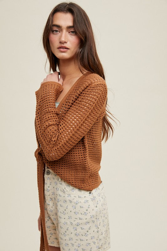 Open-Knit Front Tie Cardigan