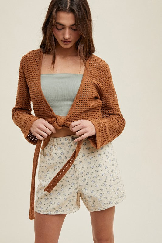 Open-Knit Front Tie Cardigan