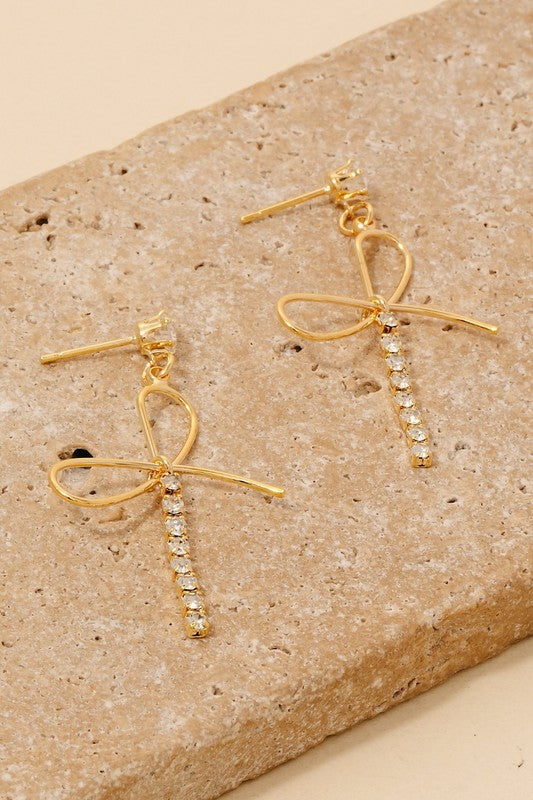 Dainty Glass Studs Ribbon Bow Dangle Earrings