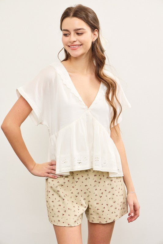 V Neck Scallop Flare Top