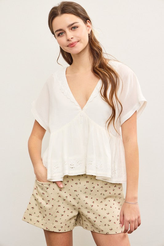 V Neck Scallop Flare Top