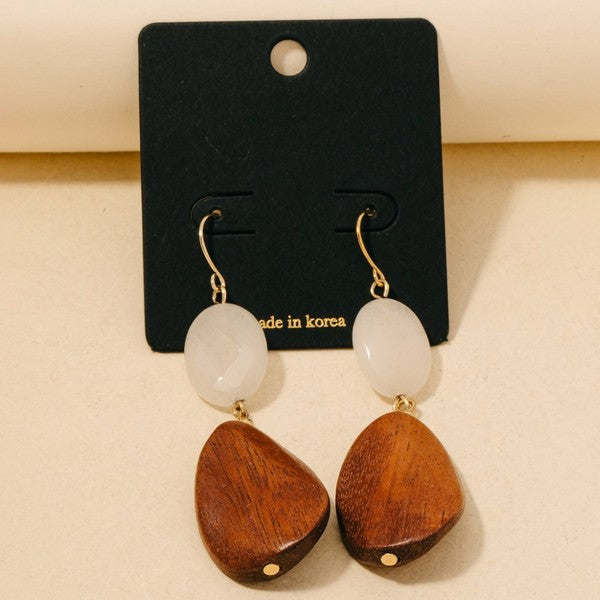 Wood And Stone Dangle Hook Earrings