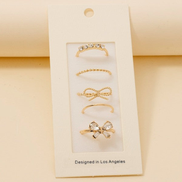 5Pc Dainty Rhinestone Bow Band Rings Set