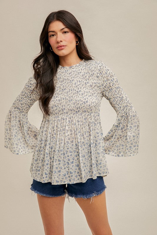 Smocked Floral Bell Sleeve Top