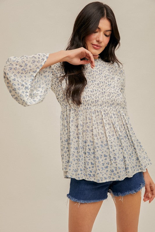 Smocked Floral Bell Sleeve Top