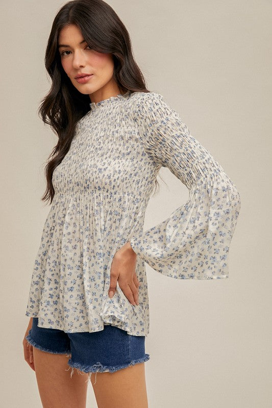 Smocked Floral Bell Sleeve Top