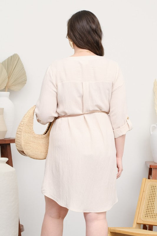 Plus Size 3/4 Sleeve Belted Mini Dress