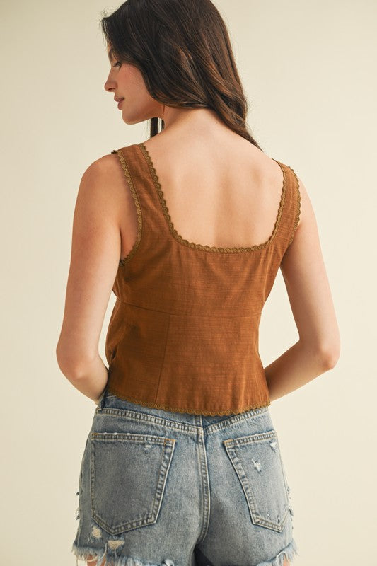 Scallop Trim Edge Tie Front Sleeveless Top