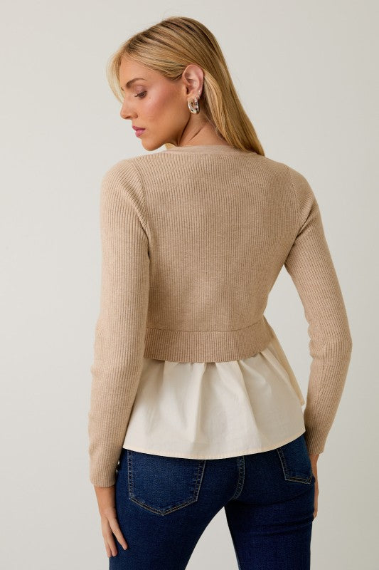 Long Sleeve Button Down Knit & Woven Mix Peplum Top