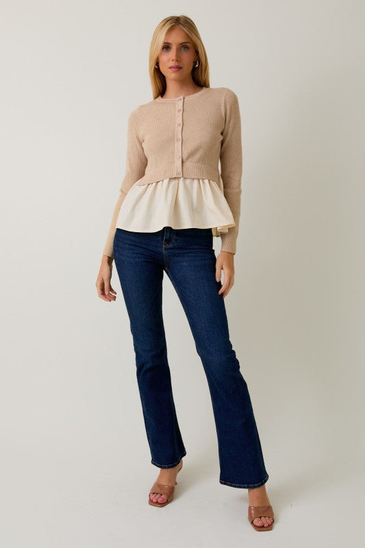 Long Sleeve Button Down Knit & Woven Mix Peplum Top