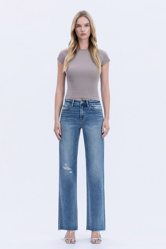 Flying Monkey - High Rise Frayed Hem Slim Wide Jeans