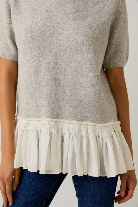 Crew Neck Frill Detail Sweater Woven Mix Top
