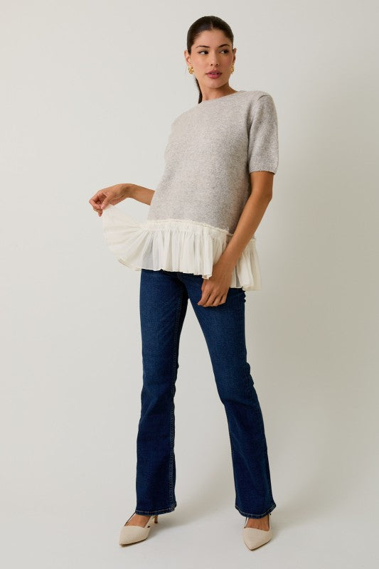 Crew Neck Frill Detail Sweater Woven Mix Top