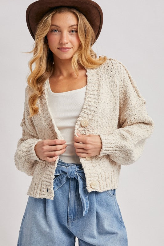 Cropped Popcorn Knit Swearer Cardigan