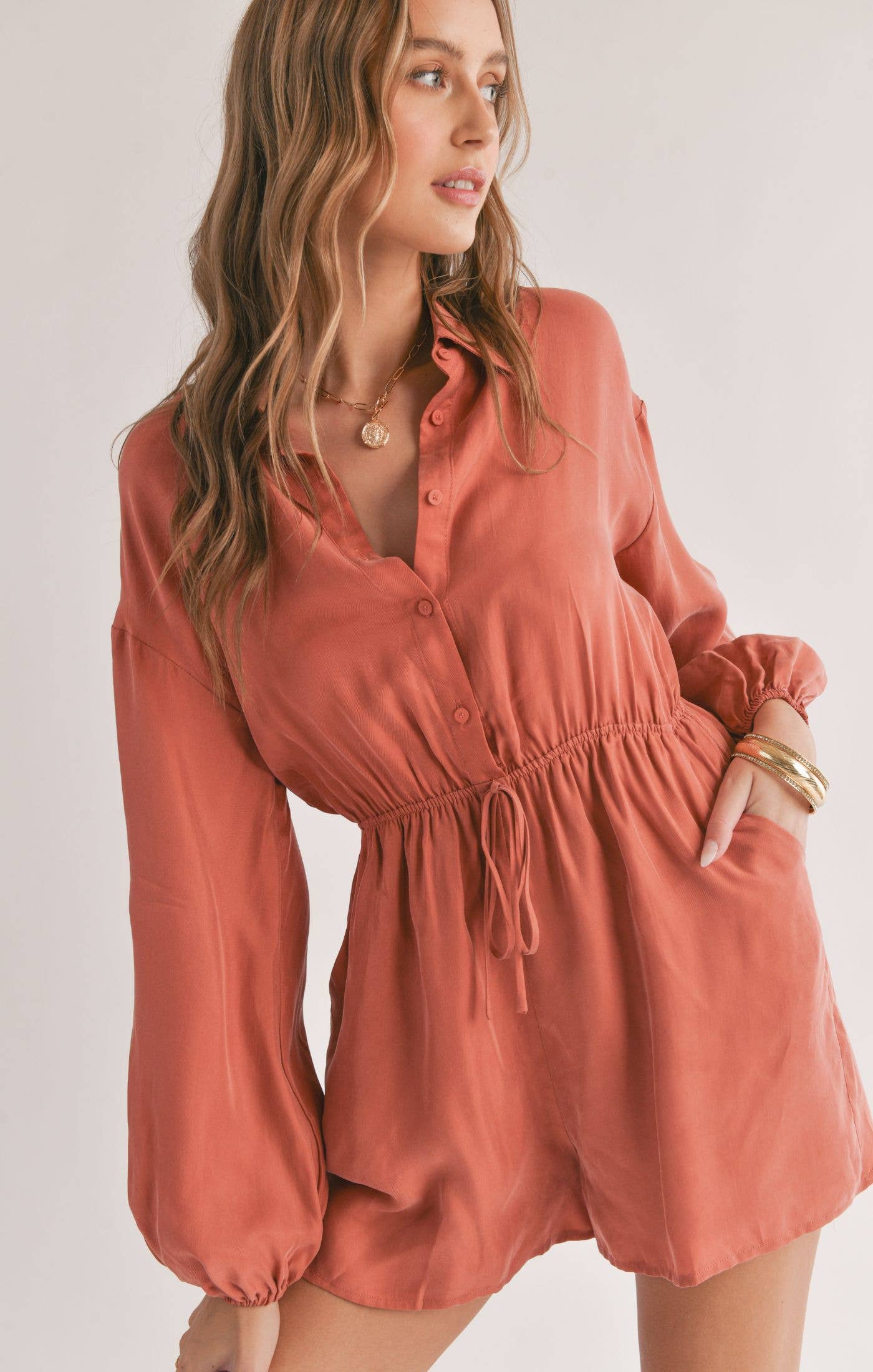 Dunes Shirt Romper: Rust