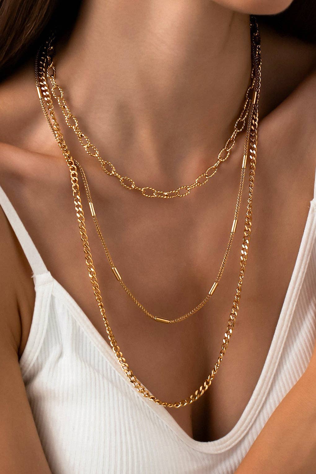 18K Gold Dipped Stainless Steel Triple Layered Chunky Chain Necklace