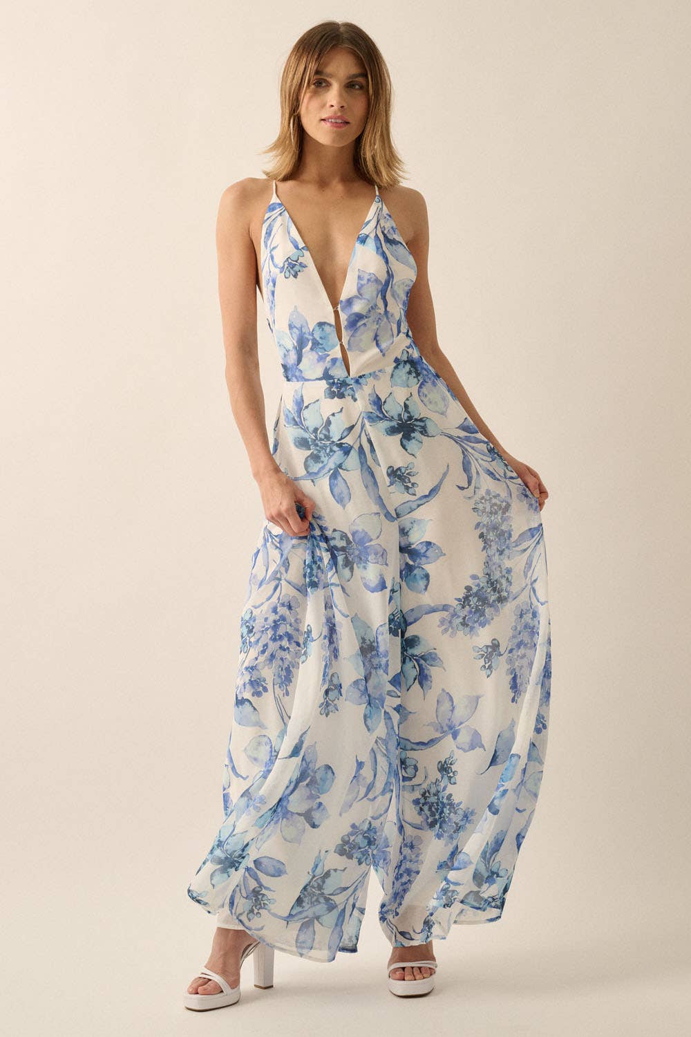 Floral Deep-V Open-Back Wide-Leg Jumpsuit