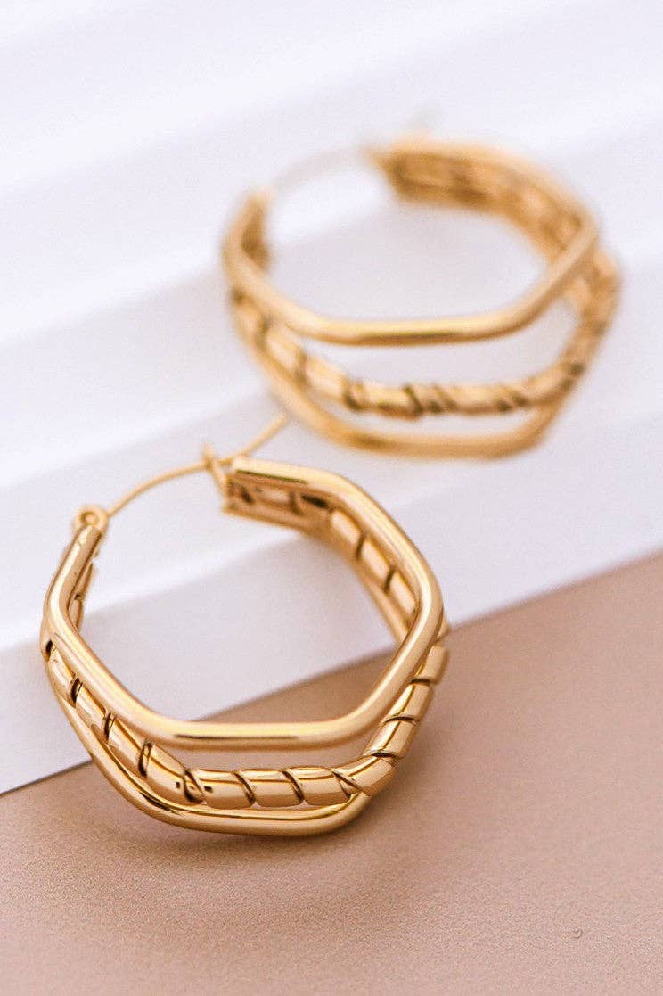 18K Gold Plated Waterproof Stainless Steel Hoop Hex Earrings
