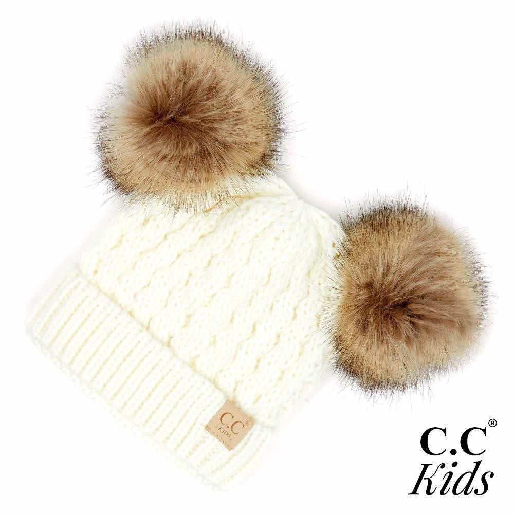 Kids Cable Knit Double Faux Fur Pom Beanie