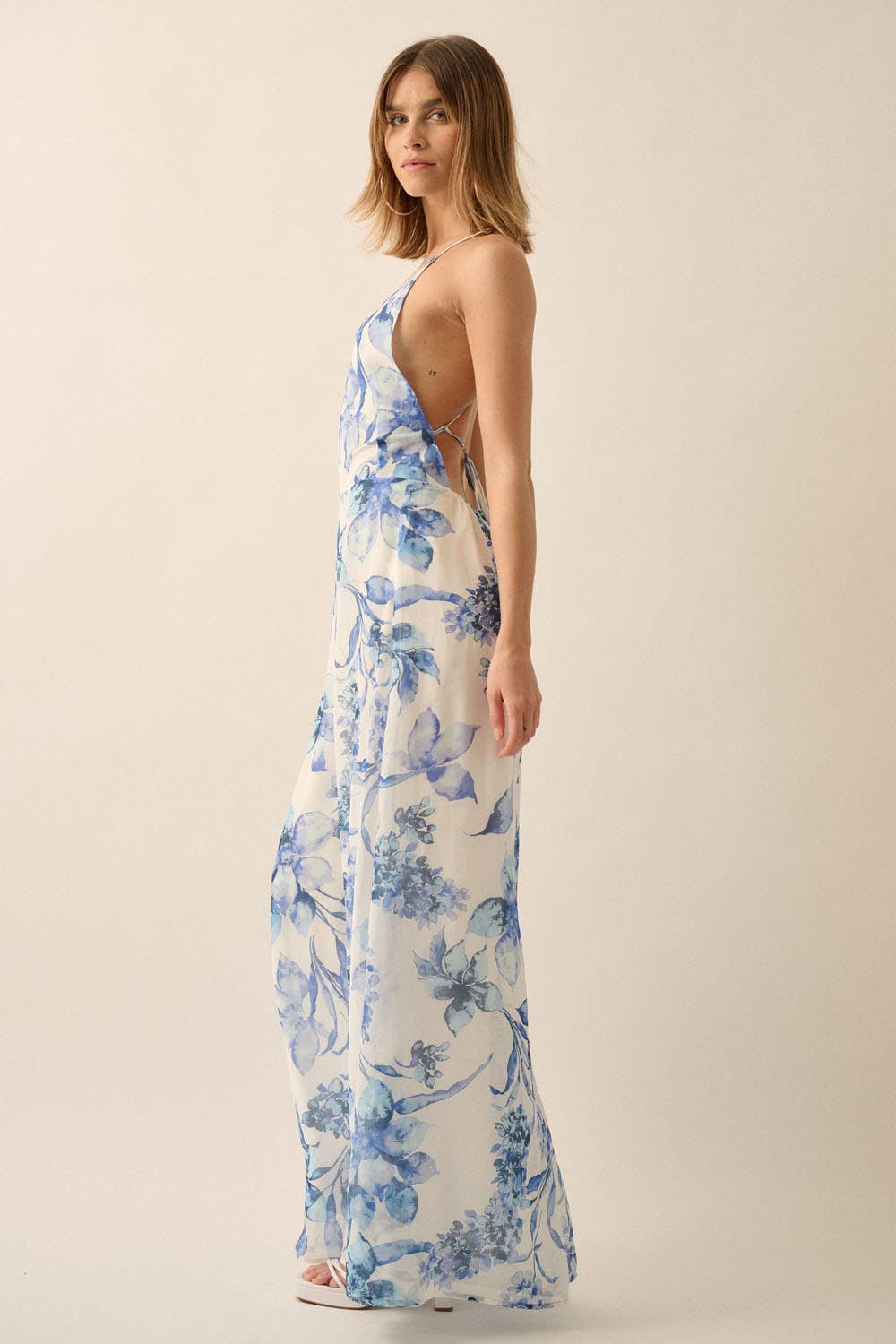 Floral Deep-V Open-Back Wide-Leg Jumpsuit