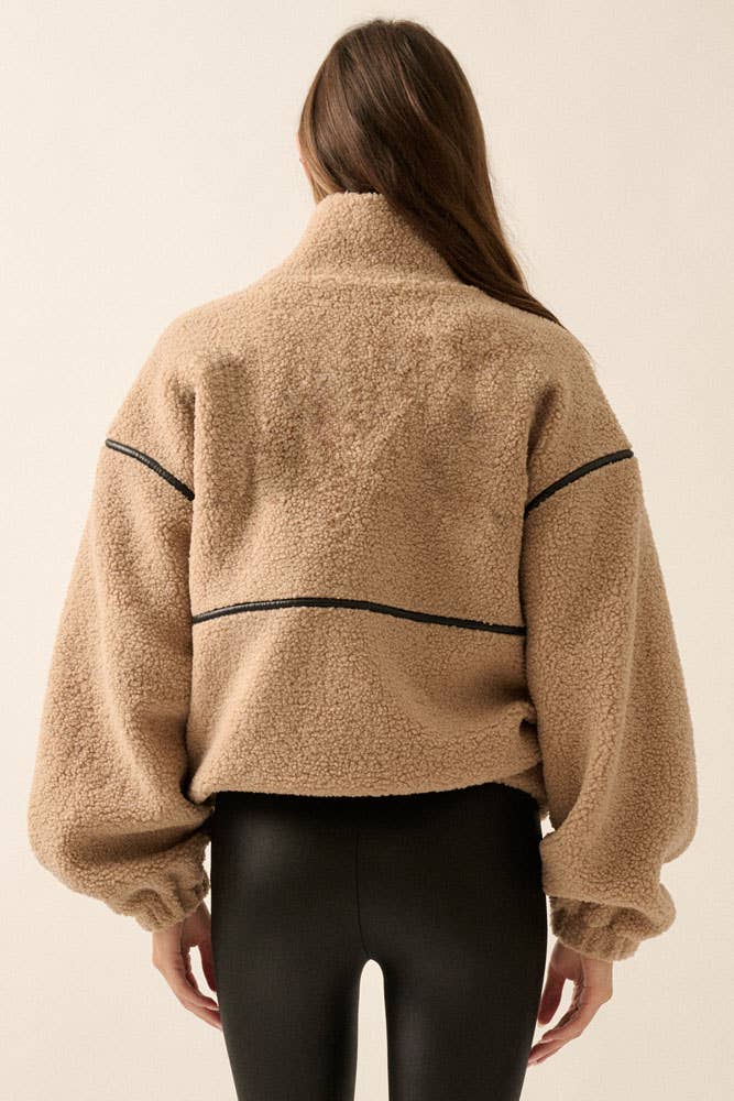 Faux Leather-Trimmed Sherpa Fleece Zip-Up Jacket