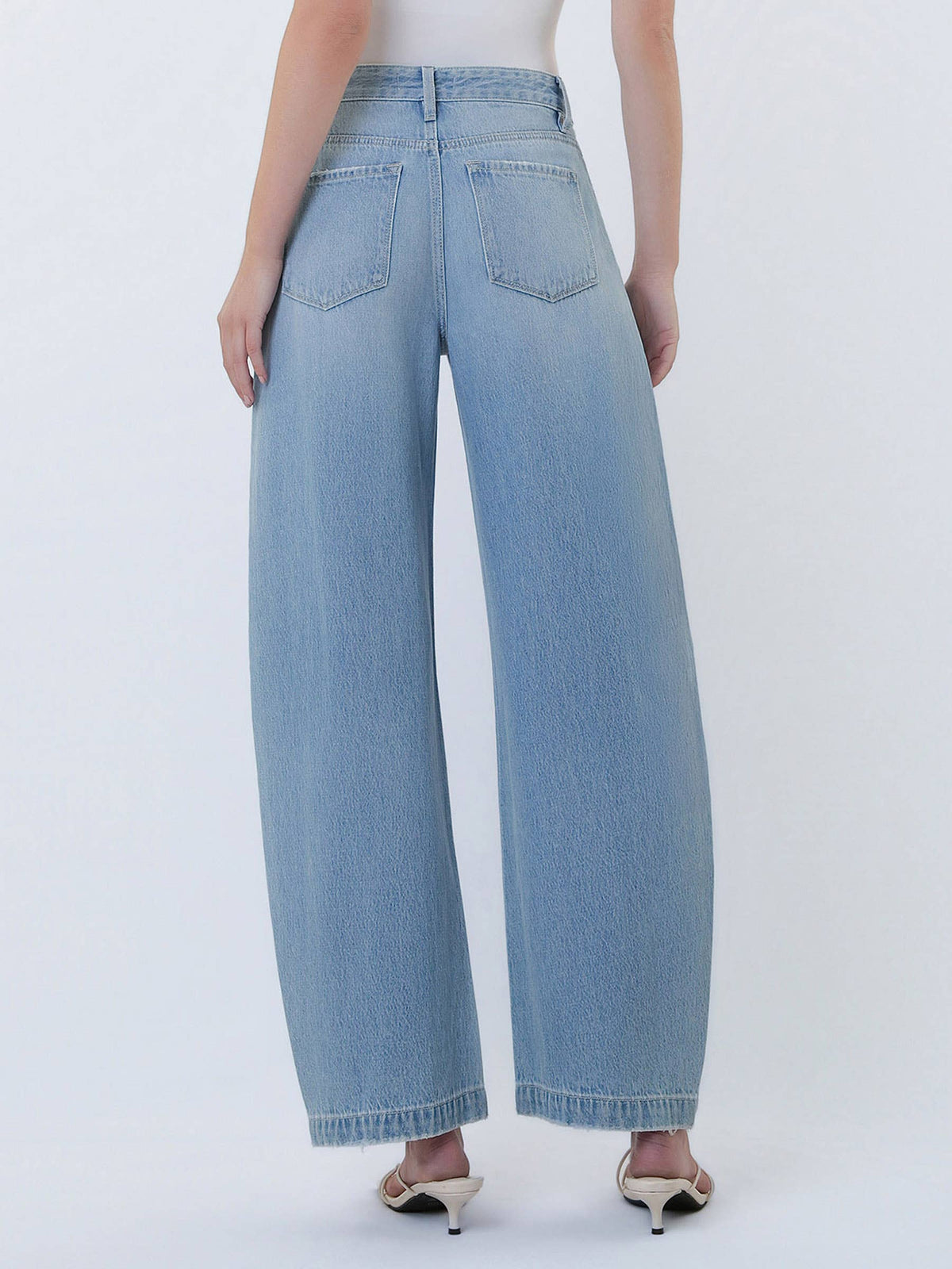 HIGH RISE PLEATED TAB WAISTBAND BARREL LEG JEANS: UPBEAT