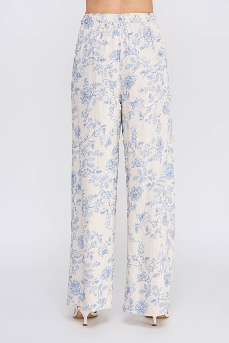 Printed Soft Linen Elastic Tie Waist Wide Leg Pants