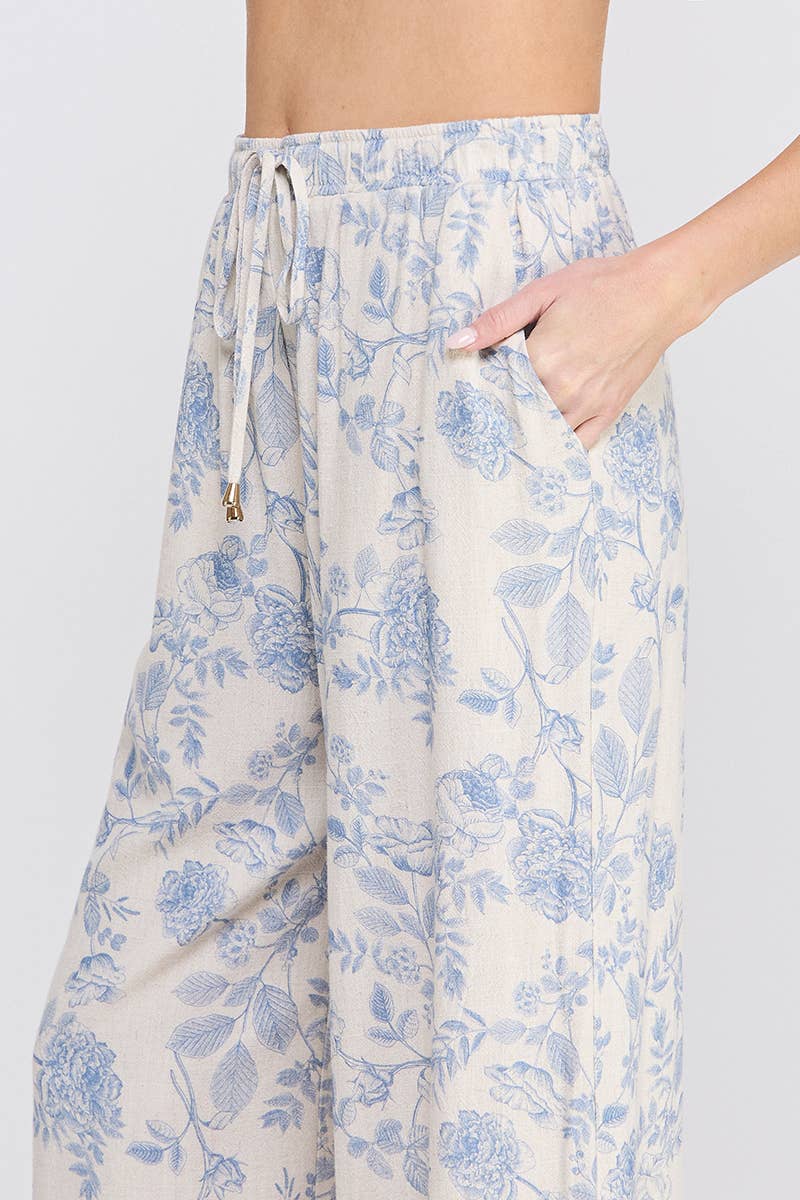 Printed Soft Linen Elastic Tie Waist Wide Leg Pants