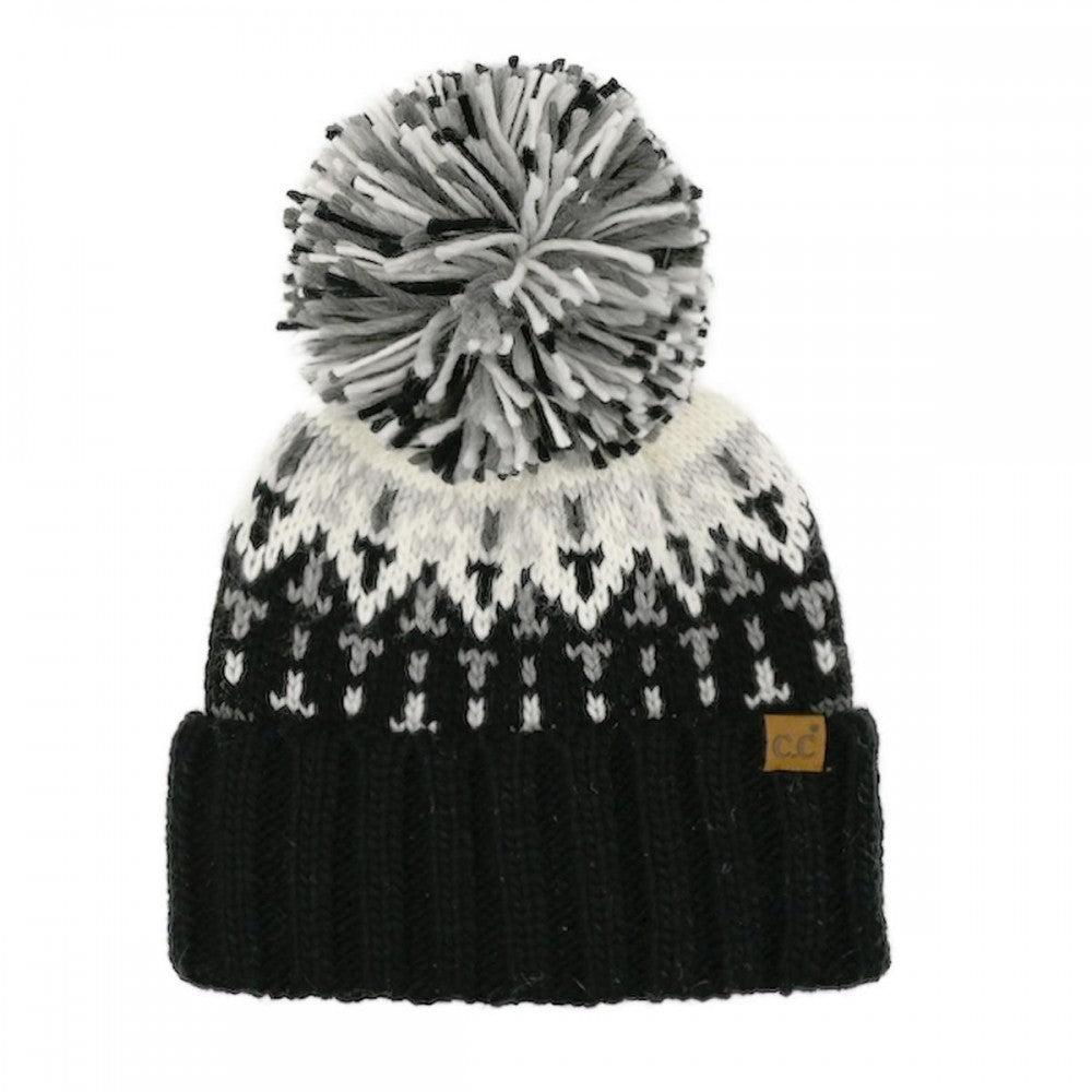 Geometric Pattern Knit Beanie With Multicolor Yarn Pom